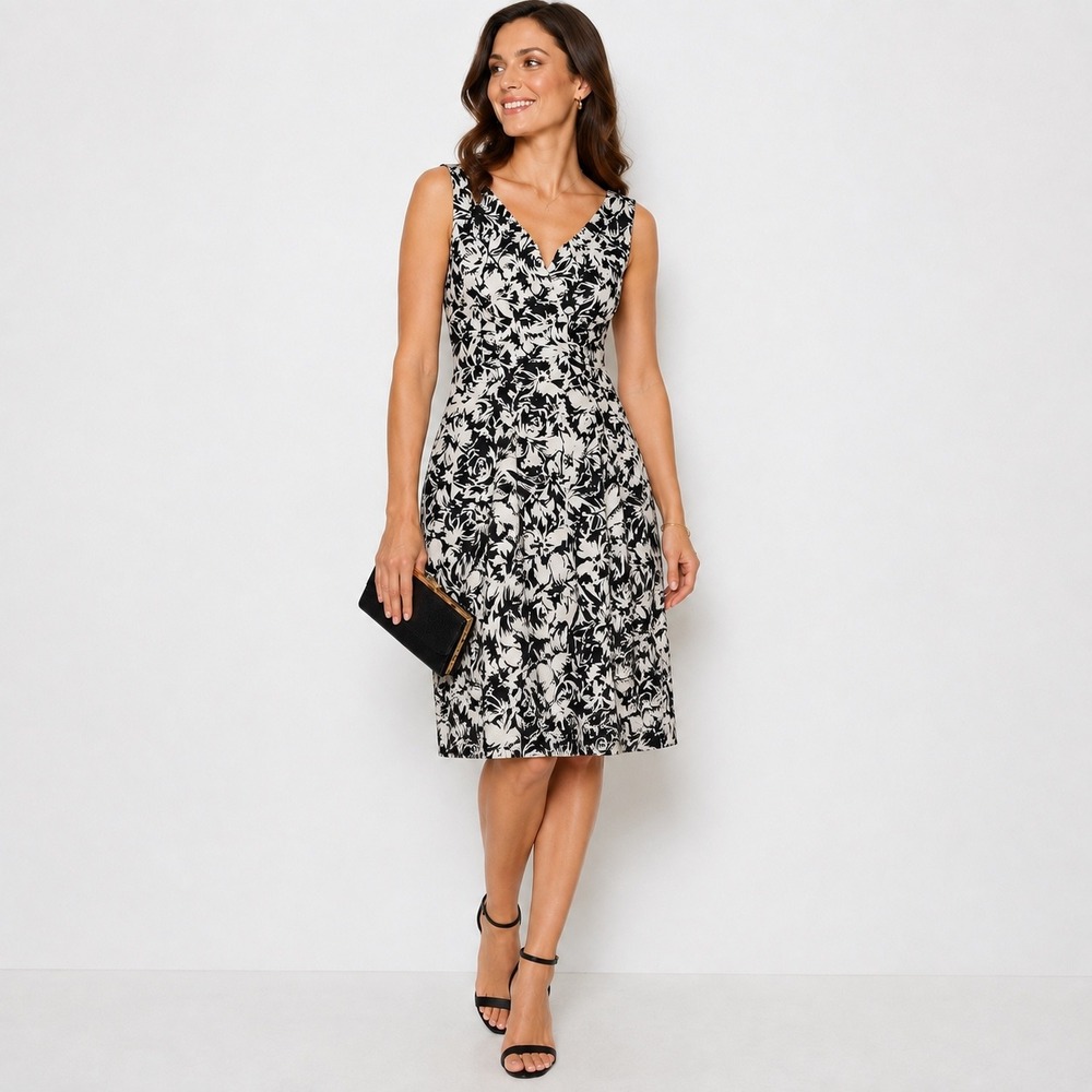 Adrianna Papell Black Ivory Floral Fit & Flare Dress Size 10